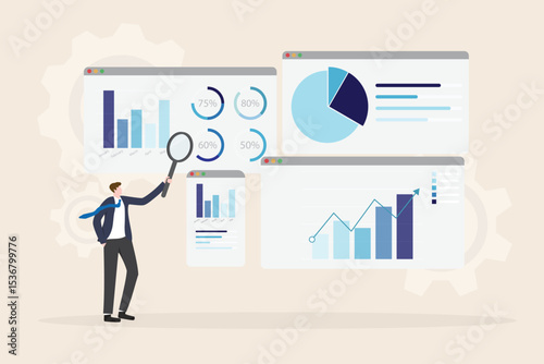 Data analytics research and business finance investment analysis report concept. Businessman holding magnifying glass with marketing infographic dashboard graph monitor flat vector illustration.