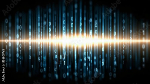 Binary code streams across a glowing digital surface with dynamic light beams, representing data transfer, technology, and innovation. Video for IT, programming, networks, and artificial intelligence