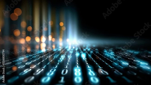 Glowing binary code streams vertically and horizontally in a digital space, representing technology, data transfer, artificial intelligence, cyber, and futuristic concepts. Video for IT, science, and 