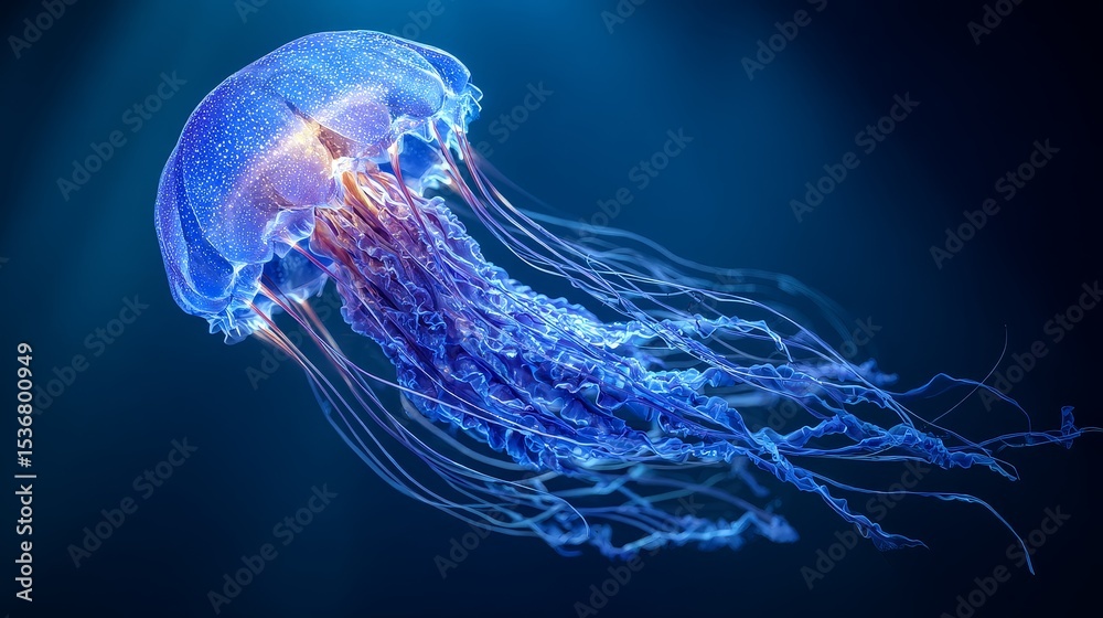 Fototapeta premium Glowing electric blue jellyfish in motion underwater deep sea environment bioluminescent beauty captivating looping animation