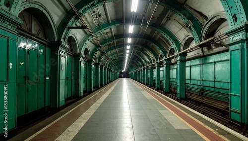 Abandoned station with emerald tones showcasing a train in a desolate environment
