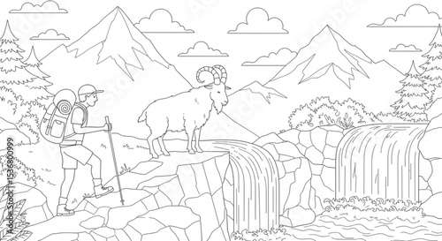 Hikers and Mountain Goat Encountering Majestic Waterfall in Mountainous Landscape