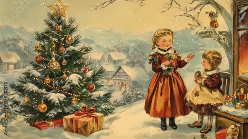 Two girls share presents in snowy village