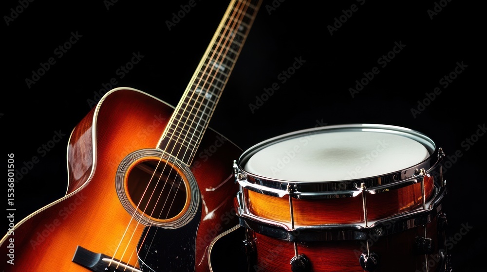 Fototapeta premium Acoustic guitar and snare drum on black background.
