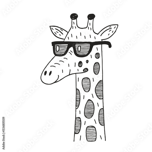 Cool giraffe in sunglasses. Hand drawn black and white sketch vector illustration on white background.