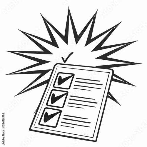 Silhouette of Starburst Over Checklist Icon – Minimal Flat Vector for Task Management, Productivity App, To-Do List UI, Goal Setting, Time Planning, Business Tools, UX Design Elements

