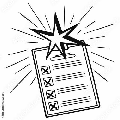 Silhouette of Starburst Over Checklist Icon – Minimal Flat Vector for Task Management, Productivity App, To-Do List UI, Goal Setting, Time Planning, Business Tools, UX Design Elements
