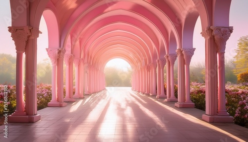 a serene journey through rose tinted arches bathed in morning light evoking peace hope and a dreamy escape with soft