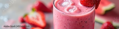 Pink watermelon strawberry chia seed smoothie in a glass with ice, refreshing beverage, fruit drink