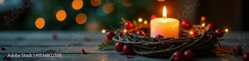 Rustic twig wreath, first Advent candle, magical lights Natural Christmas decor , seasonal, craft