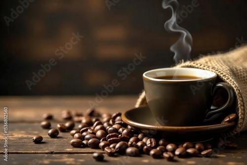 Rustic wooden table, coffee cup steaming, coffee beans, burlap sack , hot, aroma