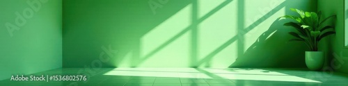 Serene green room, sunlit ceramic floor, leaf shadows dance on wall , shadow play, earth tones, ceramics