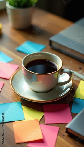 Scattered notes surround a ceramic coffee cup on a desk, objects, organized chaos, paper