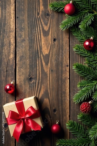 Rustic wooden background, gift with ribbon, copy space, bow, bowknot