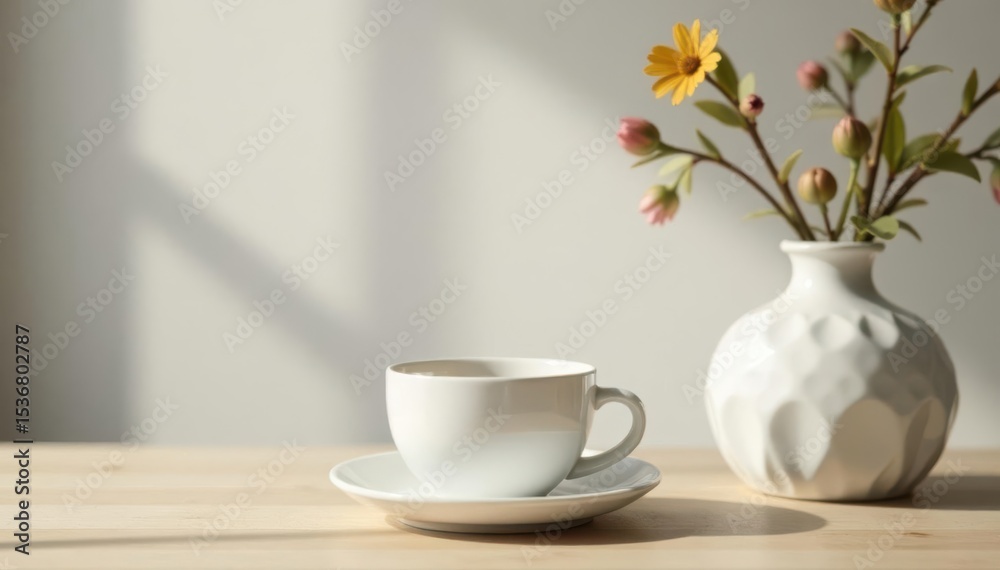 Fototapeta premium Sleek white ceramic coffee set & vase Contemporary interior scene, simple tabletop styling , decor, object