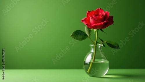 Single red rose in glass vase, olive green backdrop Focus on bloom, ample copy space , detail, copy space