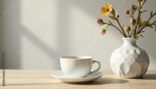 Sleek white ceramic coffee set & vase Contemporary interior scene, simple tabletop styling , decor, object