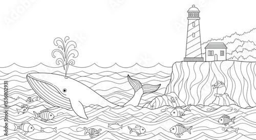 Ocean Whale Lighthouse Coloring Page  Detailed Underwater Scene with Fish