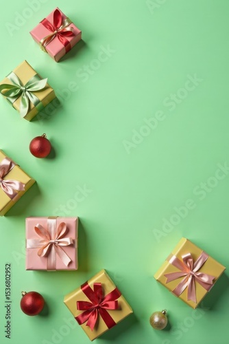 Stylish gift boxes & Xmas ornaments on pastel green, flatlay, flatlay, green