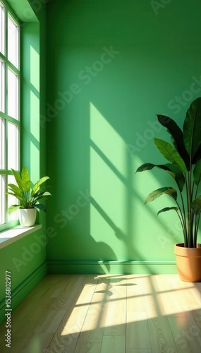 Sunlit empty room, lush green wall, plant accents, blank space , interior, minimalist