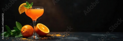 Vibrant cocktail, orange & mint garnish Black background , night, citrus
