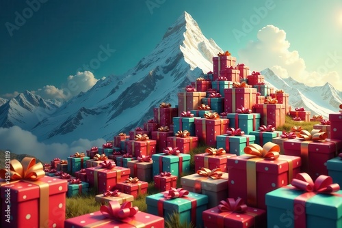 Vast mountain of wrapped gifts, diverse sizes and colors , xmas, joy, generosity