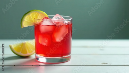 Vibrant red cocktail, ice, lime wedge on white wood , beverage, overhead shot, garnishing