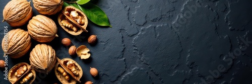 Walnut halves & whole nuts, dark stone background Top view , organic, food photography, nut