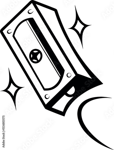 Monochrome image of a pencil sharpener with sparkles a curved trail vector silhouette