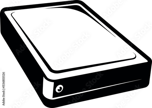 Stylized monochrome illustration of an external hard drive with smooth curves 