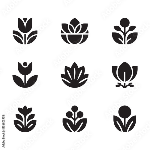 flower shape vector, floral icon set, flowers vector silhouette, symmetrical floral patterns, lotus, petals, abstract blossoms, nature design floral elements illustrations