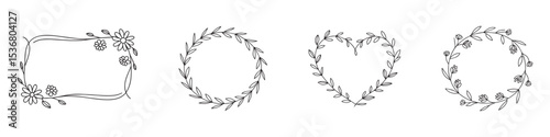 hand drawn simple Frame line wreath with flower and leaf branch for wedding banner ribbon set