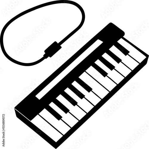 Simplified monochrome illustration of a keyboard instrument with a connecting cable vector silhouette