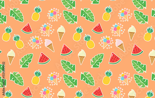 Seamless summer pattern with cute pineapples, watermelons, ice cream, and tropical leaves on orange background, perfect for seasonal products, kids items, and summer-themed designs