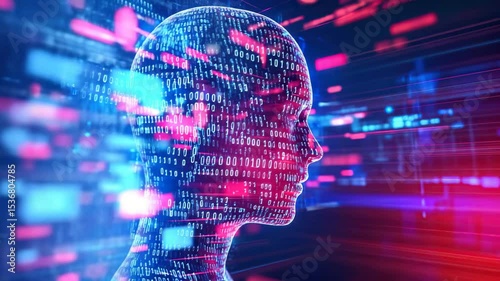 Digital human head composed of binary code moving through cyber space, illuminated by glowing lights. Video for artificial intelligence, future technology, innovation, and machine learning themes