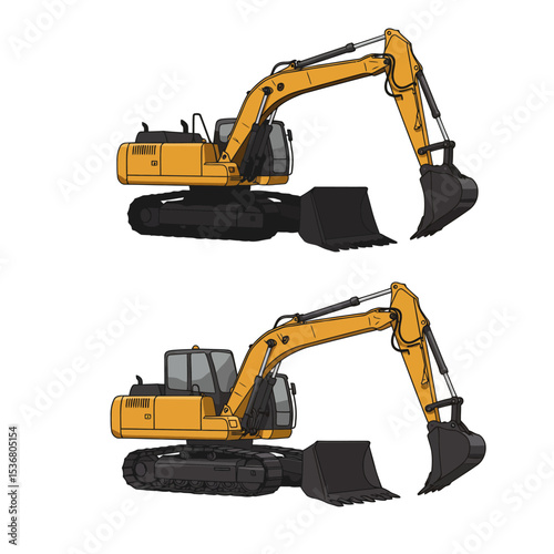Construction excavator vector clip art,  yellow wheeled excavator flat design illustration, heavy equipment clipart isolated on white background