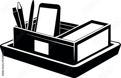 Office organizer with pens, pencils phone vector silhouette
