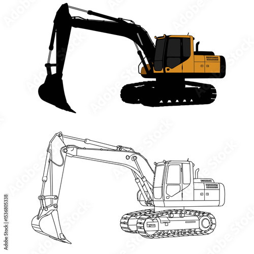 Construction excavator vector clip art,  yellow wheeled excavator flat design illustration, heavy equipment clipart isolated on white background