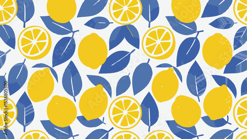 Seamless pattern featuring yellow lemons and blue leaves on a white background design element art style