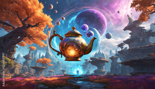 A bright, colorful alien face gazes across a blue, fiery galaxy toward a fantasy Earth in the vast universe