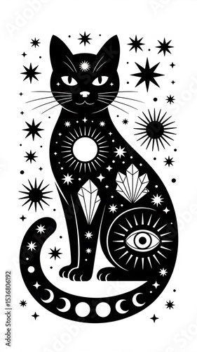 Mystical Black Cat: Celestial Design, Wiccan Art, Moon Phases, Sun, Stars, Crystals AI generated