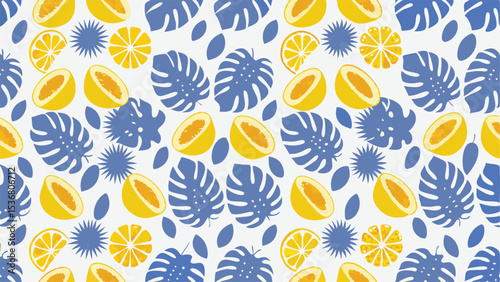 Seamless pattern featuring yellow lemon halves and slices with blue tropical leaves and spiky shapes