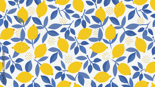 Repeating pattern of yellow lemons with blue leaves and small yellow flower clusters on white background