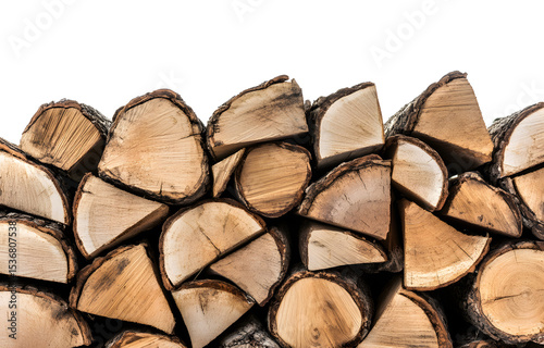A neatly stacked woodpile of brown timber logs, ready for winter fuel, reveals the natural texture of cut firewood.