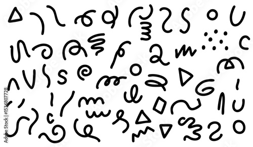 手描き風の抽象記号＆幾何学模様のラインアート イラストセット　ベクター黒