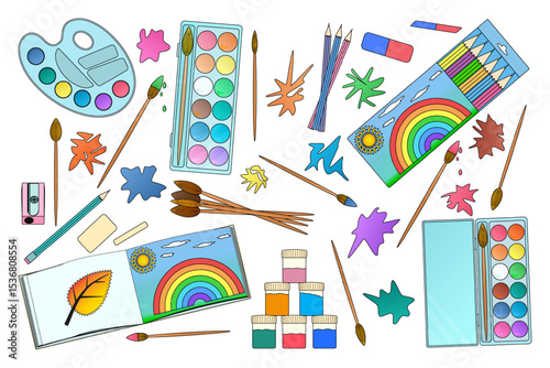Art supplies collection with watercolor paints, palette, brushes, pencils, sketchbook and abstract paint splashes on white background. Artistic elements set for back to school theme creativity design.