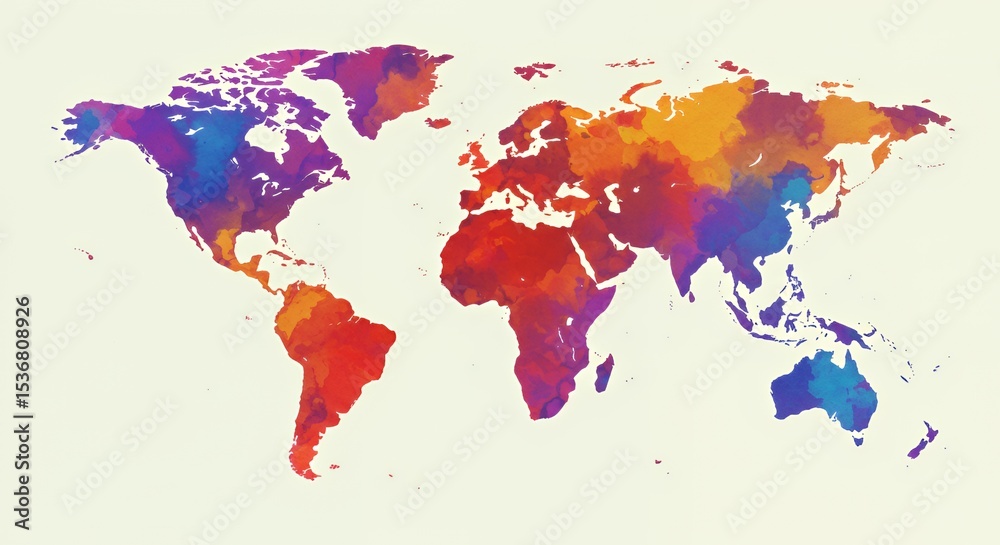 Fototapeta premium Colorful Watercolor World Map: A Global Perspective