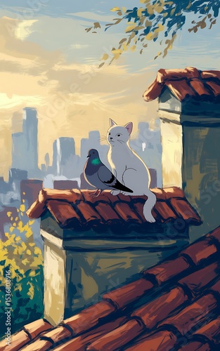 Cityscape Companions: A Cat and Pigeon on a Rooftop at Sunset AI generated