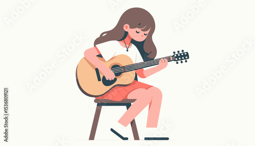 Cute girl playing an acoustic guitar, a peaceful music scene.