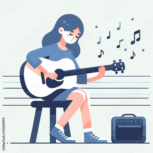 Cute girl playing an acoustic guitar, a peaceful music scene.